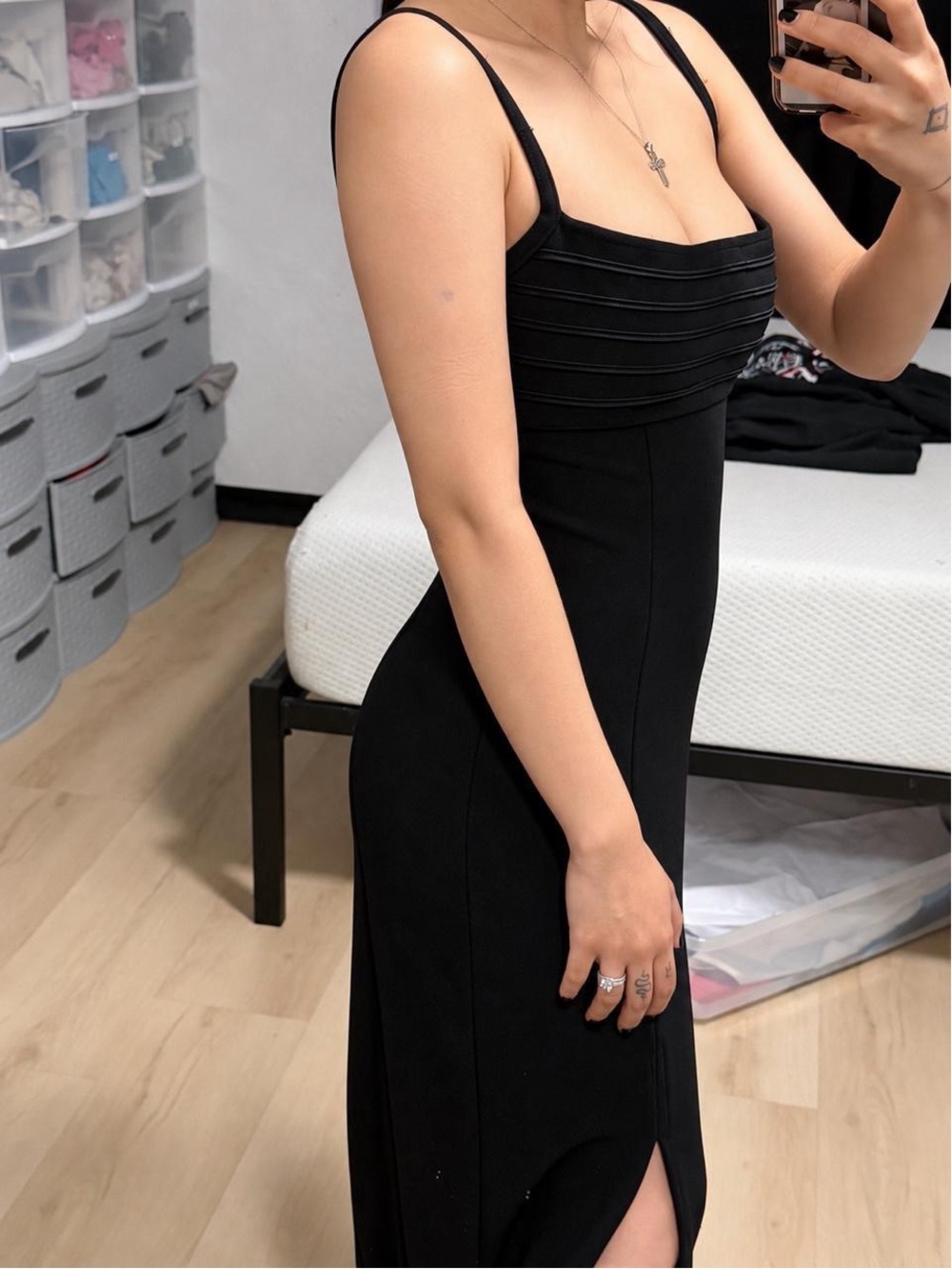 Tadashi Shoji Black Midi Bodycon Dress with Thin Straps